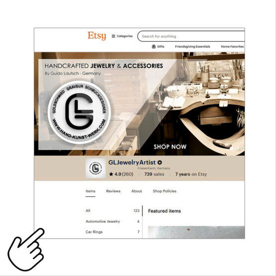Screenshot meines Etsy Shops ‘GLJewelryArtist’: handgefertigter Schmuck, individuelle Ringe und Accessoires aus der Goldschmiede, bewertet mit 4.9 Sternen und über 700 Verkäufen. Jetzt Etsy Shop besuchen.