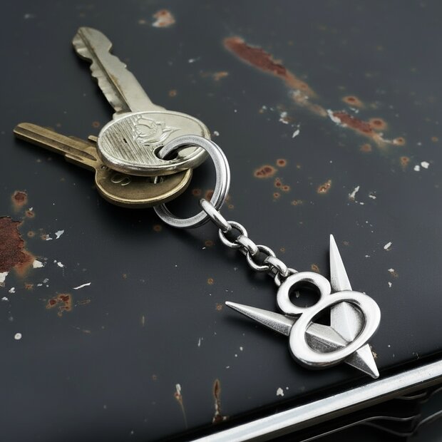 V8 Schlüsselanhänger – 925 Silber, klassisch V8-Schlüsselanhänger aus 925er Silber, poliert mit leichter Schwärzung, am Schlüsselbund auf patinierter Motorhaube.