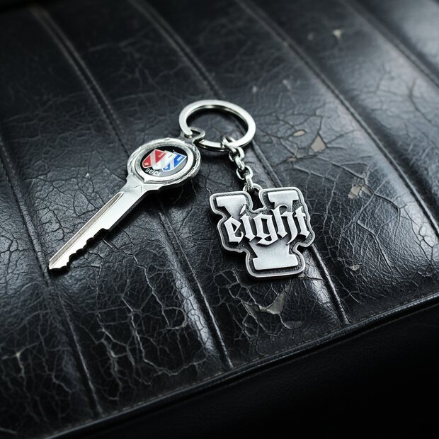 V8 Schlüsselanhänger – 925 Silber, Oldschool „V-eight“ Sterling-Silver V8 Zeichen, fotografiert auf Oldtimer-Sitzbank