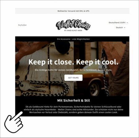 Screenshot meines eines Online Shops für handgemachte Wallet Chains und Hosenketten